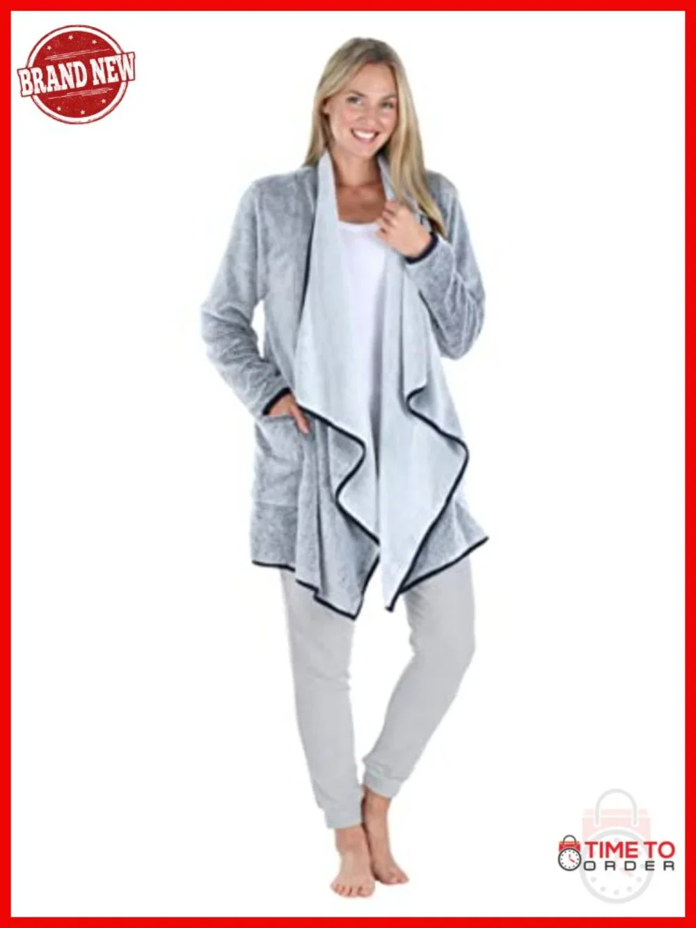 Fleece Long Sleeve Hooded Robe Sherpa-Lined Bathrobe with Pockets
